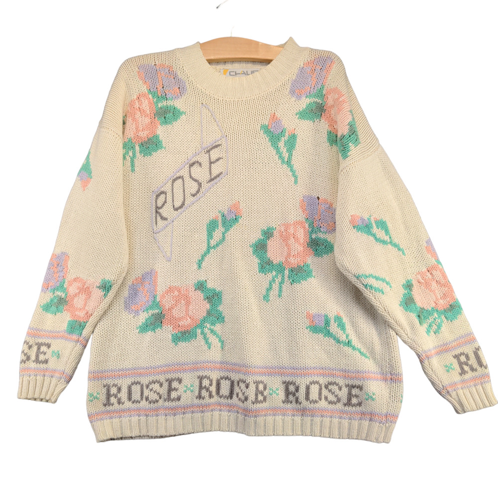 Chaus Women's Rose Pullover Knit Sweater Cream Medium Floral Crew Neck